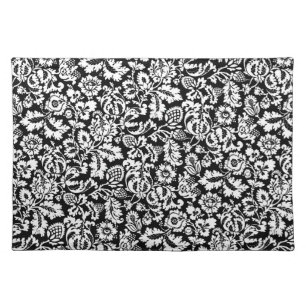 William Morris Floral Damask, White on Black Cloth Placemat