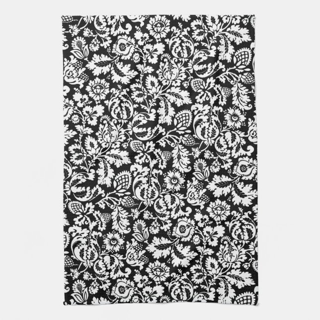 William Morris Floral Damask, White on Black  Kitchen Towel (Vertical)