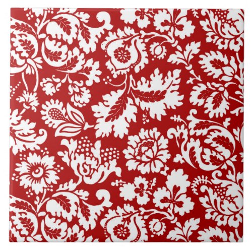 William Morris Floral Damask White on Deep Red Ceramic Tile