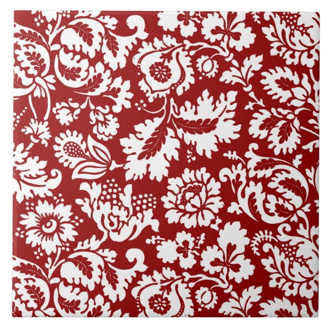 William Morris Floral Damask, White on Deep Red Ceramic Tile (Front)