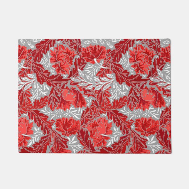William Morris Floral, Deep Red and Gray / Grey Doormat (Front)