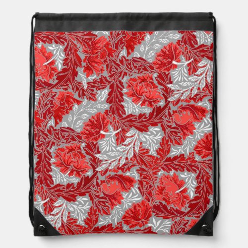 William Morris Floral Deep Red and Gray  Grey  Drawstring Bag