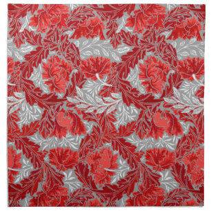 William Morris Floral, Deep Red and Gray / Grey Napkin