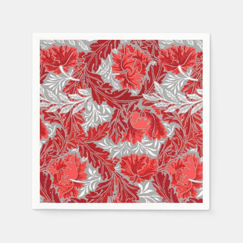 William Morris Floral Deep Red and Gray  Grey Paper Napkins