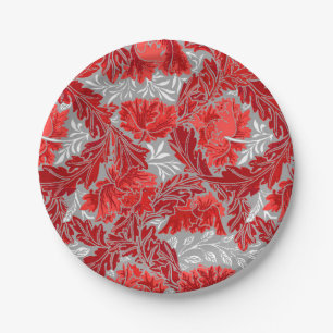 William Morris Floral, Deep Red and Gray / Grey Paper Plates