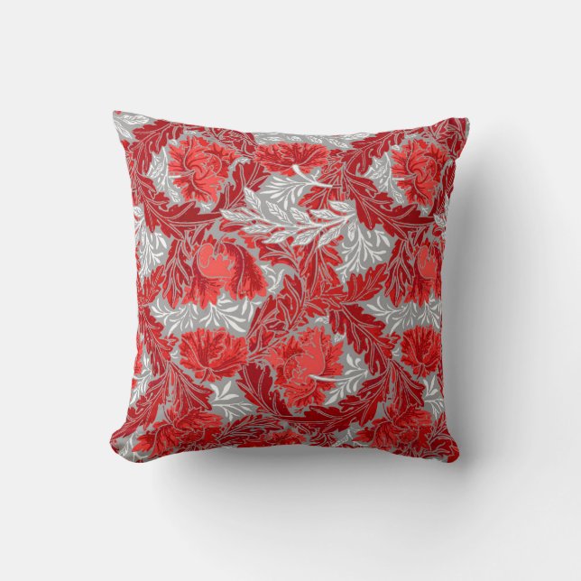 William Morris Floral, Deep Red and Gray / Grey Throw Pillow (Front)