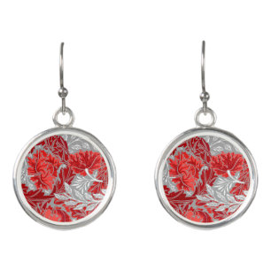 William Morris Floral, Deep Red and Silver Gray Earrings
