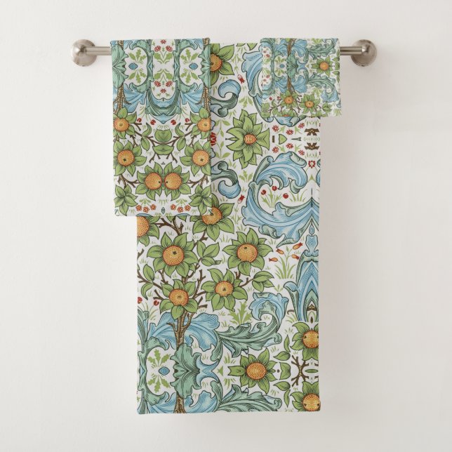 William Morris Floral Flowers Acanthus Leaves Blue Bath Towel Set (Insitu)