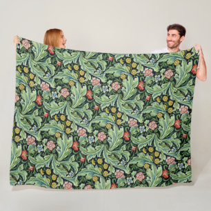 William Morris Floral Flowers Carnation Pink Green Fleece Blanket