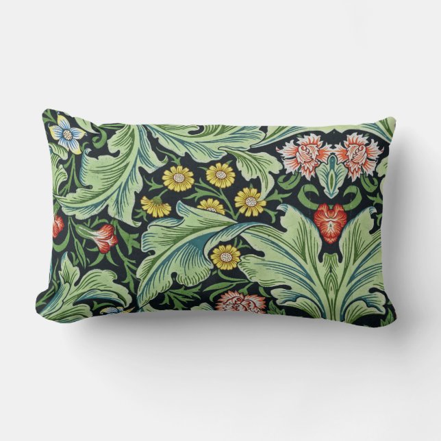 William Morris Floral Flowers Carnation Pink Green Lumbar Pillow (Front)