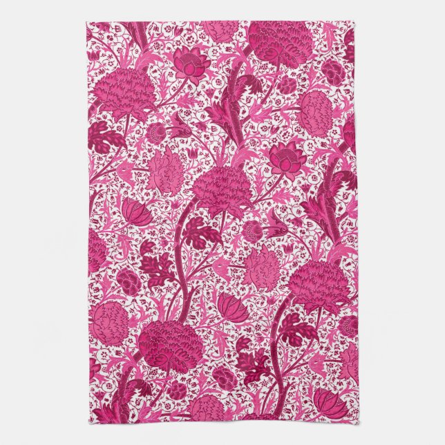 William Morris Floral, Fuchsia Pink and White  Towel (Vertical)