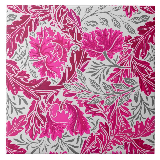 William Morris Floral, Fuchsia Pink & Gray / Grey Ceramic Tile (Front)