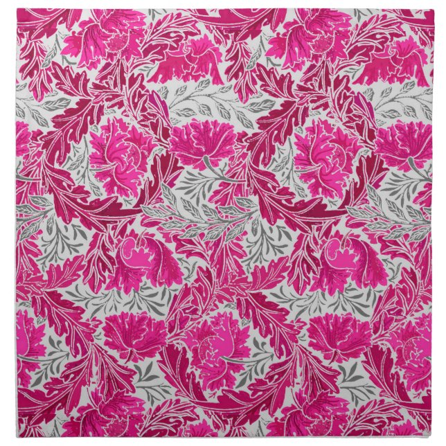 William Morris Floral, Fuchsia Pink & Gray / Grey Cloth Napkin (Front)