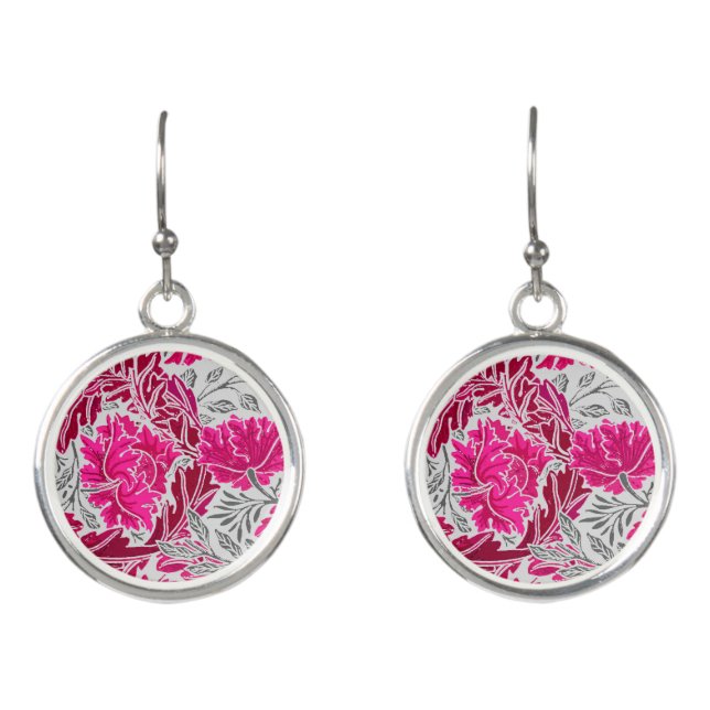William Morris Floral, Fuchsia Pink & Silver Gray Earrings (Front)