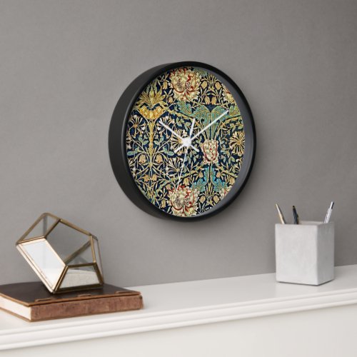 William Morris Floral Pattern Gold Turquoise Red Clock