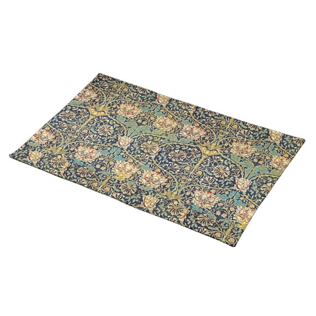 William Morris Floral Pattern Gold Turquoise Red Cloth Placemat (On Table)