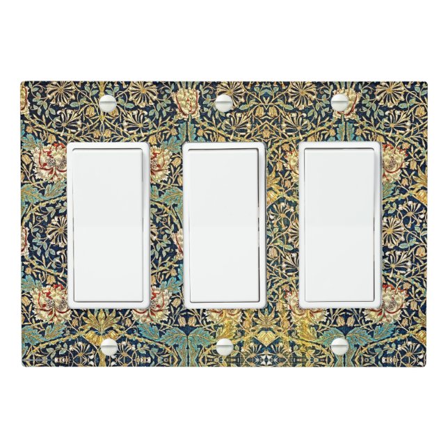 William Morris Floral Pattern Gold Turquoise Red Light Switch Cover (In Situ)