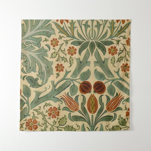 William Morris Floral Pattern Green Cream and Rust Tapestry
