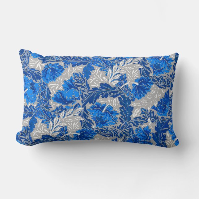 William Morris Floral, Sapphire Blue and Gray Lumbar Pillow (Front)