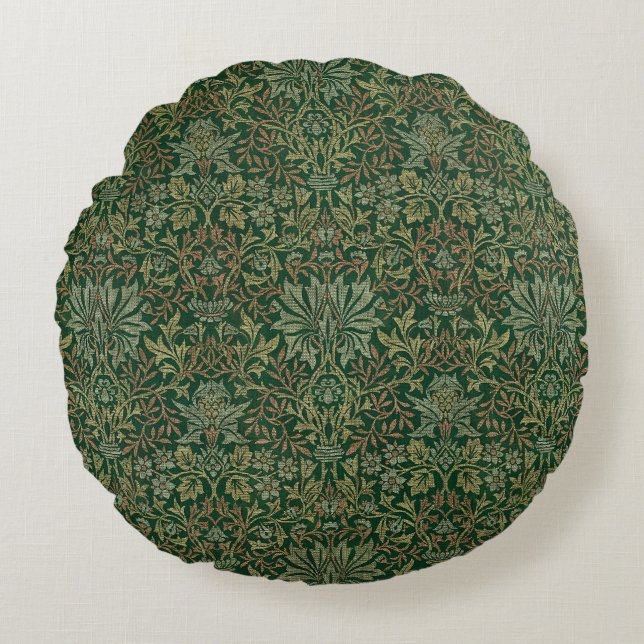William Morris Flower Garden-Greens Round Pillow (Front)