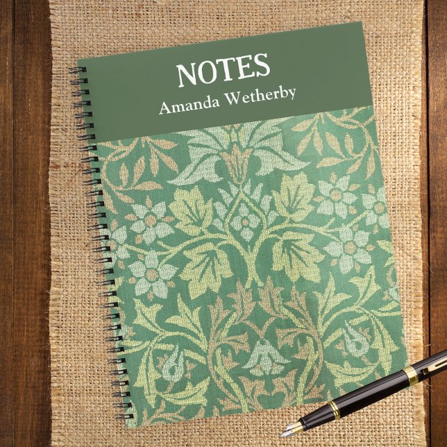 William Morris Flower Garden Personalized Green Notebook (A stylish personalized notebook featuring a pattern 'Flower Garden' by William Morris)