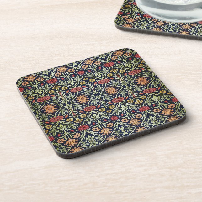 William Morris Flowers Foliage Green Yellow Red  Beverage Coaster (Left Side)