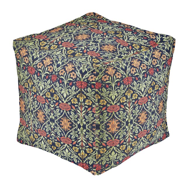 William Morris Flowers Foliage Green Yellow Red  Pouf (Angled Front)