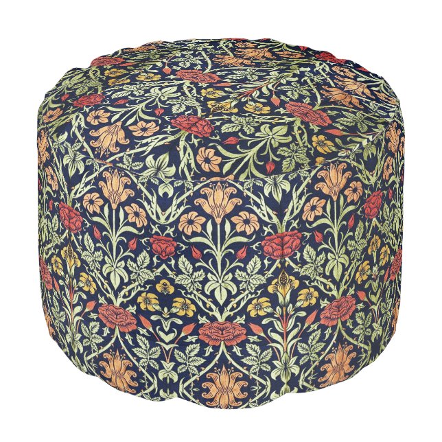 William Morris Flowers Foliage Green Yellow Red  Pouf (Angled Front)