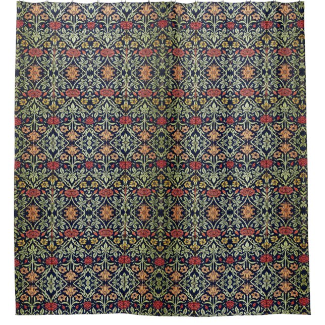 William Morris Flowers Foliage Green Yellow Red  Shower Curtain (Front)