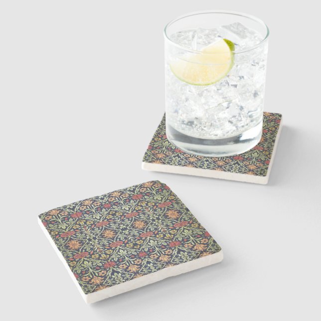 William Morris Flowers Foliage Green Yellow Red  Stone Coaster (Side)