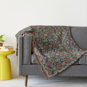 William Morris Flowers Foliage Green Yellow Red Throw Blanket