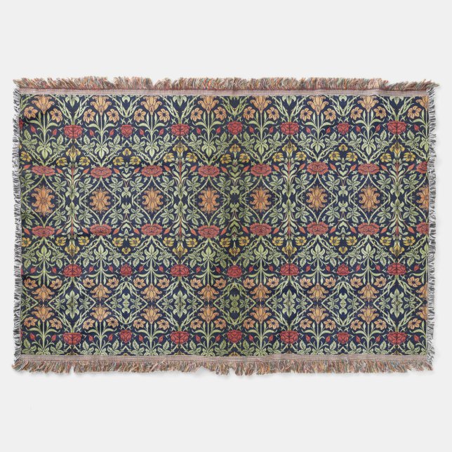William Morris Flowers Foliage Green Yellow Red  Throw Blanket (Front)