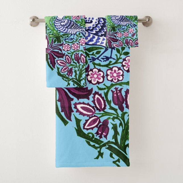 William Morris Folk Art Birds Flowers Acorns Bath Towel Set (Insitu)
