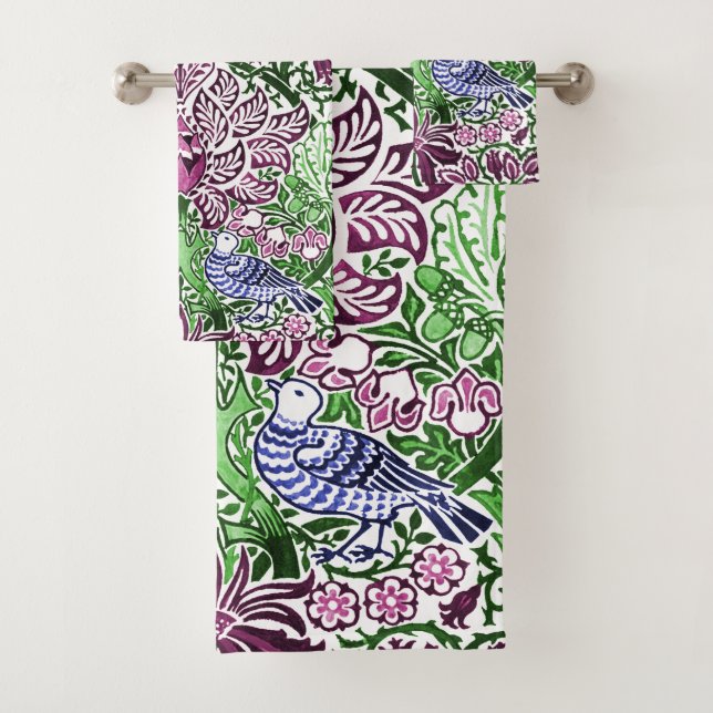 William Morris Folk Art Birds Flowers Acorns Bath Towel Set (Insitu)