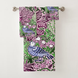 William Morris Folk Art Birds Flowers Acorns Bath Towel Set
