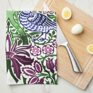 William Morris Folk Art Birds Flowers Acorns Kitchen Towel