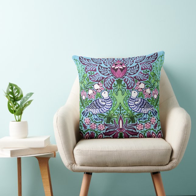 William Morris Folk Art Birds Flowers Acorns Throw Pillow (Chair)