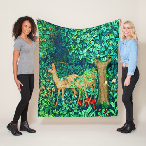 William Morris Forest Deer Tapestry Print Fleece Blanket