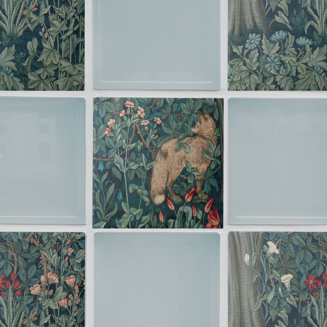 William Morris Forest Fox Floral Ceramic Tile (William Morris tiles with sage green solid tiles)