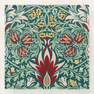 William Morris Forest Green Floral Wallpaper Glass Coaster