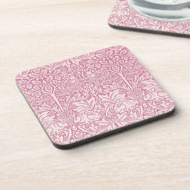 William Morris Forest Rabbit Bird Foliage Pink  Beverage Coaster (Left Side)