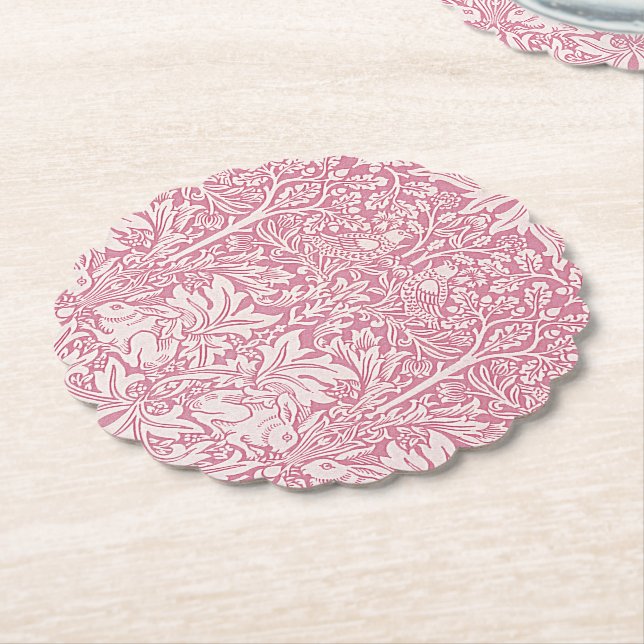William Morris Forest Rabbit Bird Foliage Pink Paper Coaster (Angled)