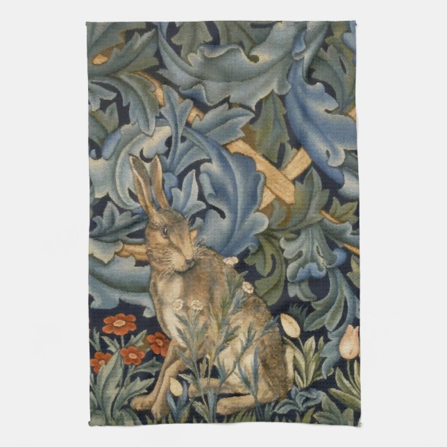 William Morris Forest Rabbit Floral Art Nouveau Kitchen Towel (Vertical)