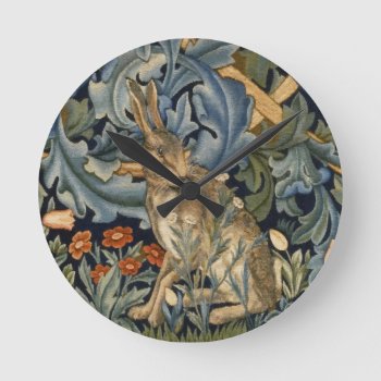 William Morris Forest Rabbit Floral Art Nouveau Round Clock by artfoxx at Zazzle