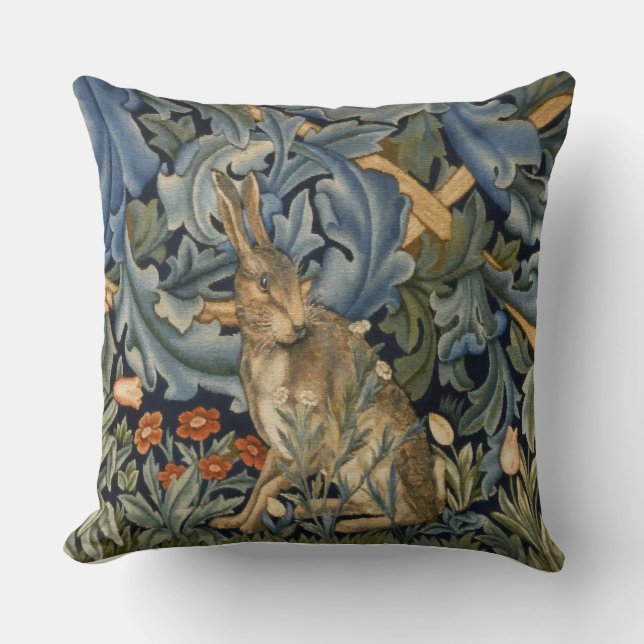 William Morris Forest Rabbit Floral Art Nouveau Throw Pillow (Front)