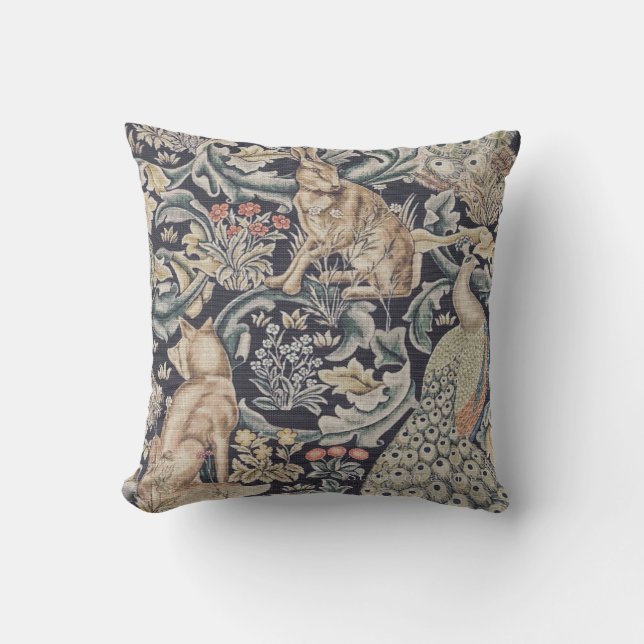 William Morris Forest Rabbit, Peacock and Fox  Throw Pillow (Front)