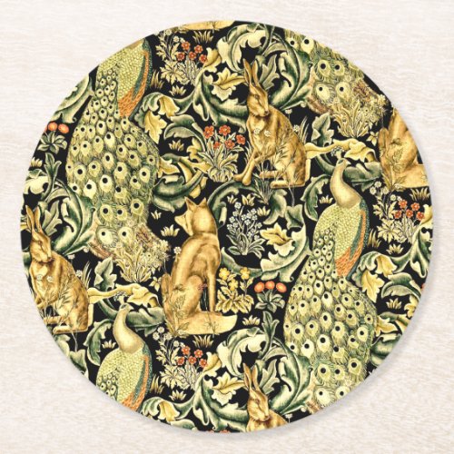 William Morris Forest Tapestry Fox Hare Peacock Round Paper Coaster
