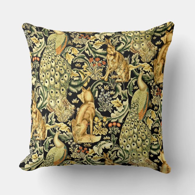 William Morris Forest Tapestry Fox Hare Peacock Throw Pillow (Front)