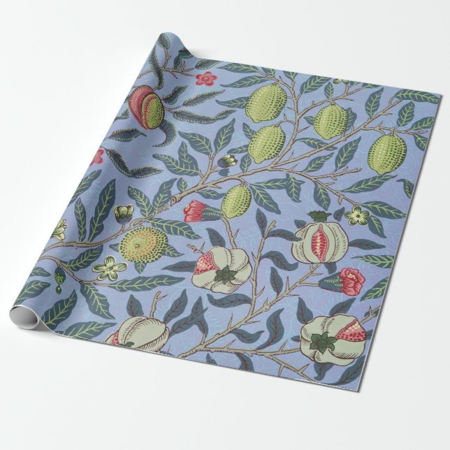 William Morris Fruit Pomegranate Blue Ornament Wrapping Paper (Unrolled)