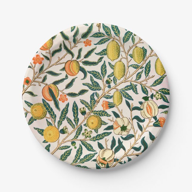 William Morris Fruit Pomegranate White Ornament Paper Plates (Front)